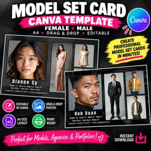 Model Set Card Canva Template | Male & Female Model Portfolio | A4 Drag & Drop Template