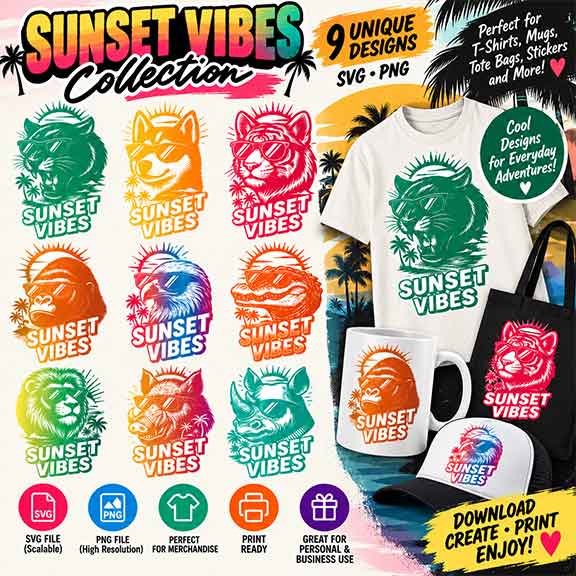 Sunset Vibes Animal Vector Design Collection (SVG, PNG, PDF)