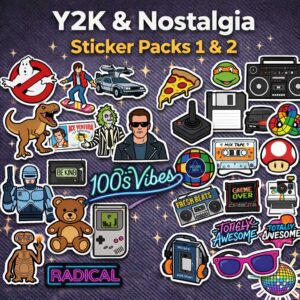 80s & 90s Nostalgia Sticker Pack – Retro Pop Culture Printable Stickers (44 PNG Stickers, A4 Digital Download)