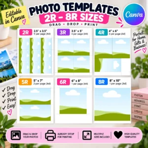 Editable Photo Templates 2R–8R | Canva Drag & Drop Templates | A4 Ready-to-Print Photo Layouts