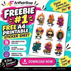 FREE A4 Printable Sticker Sheet #1 | 9 High-Resolution PNG Stickers